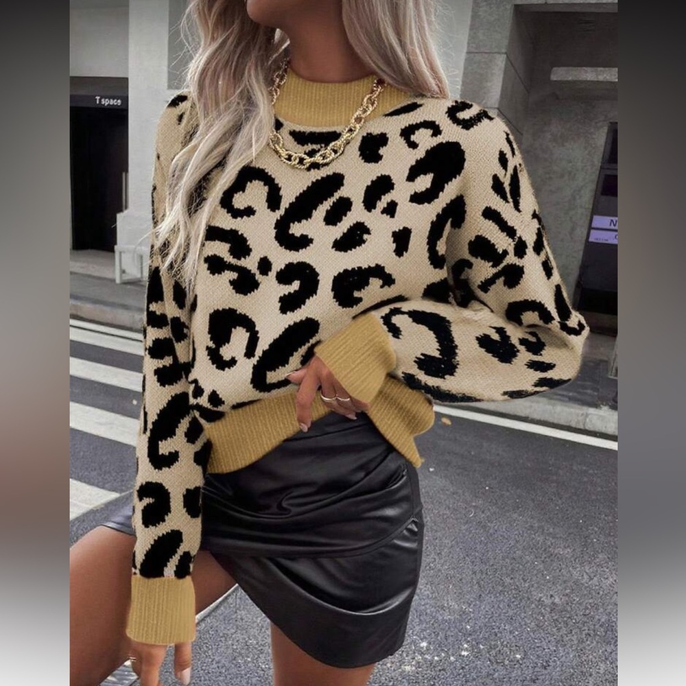 Leopard Print Sweater with Khaki Accents